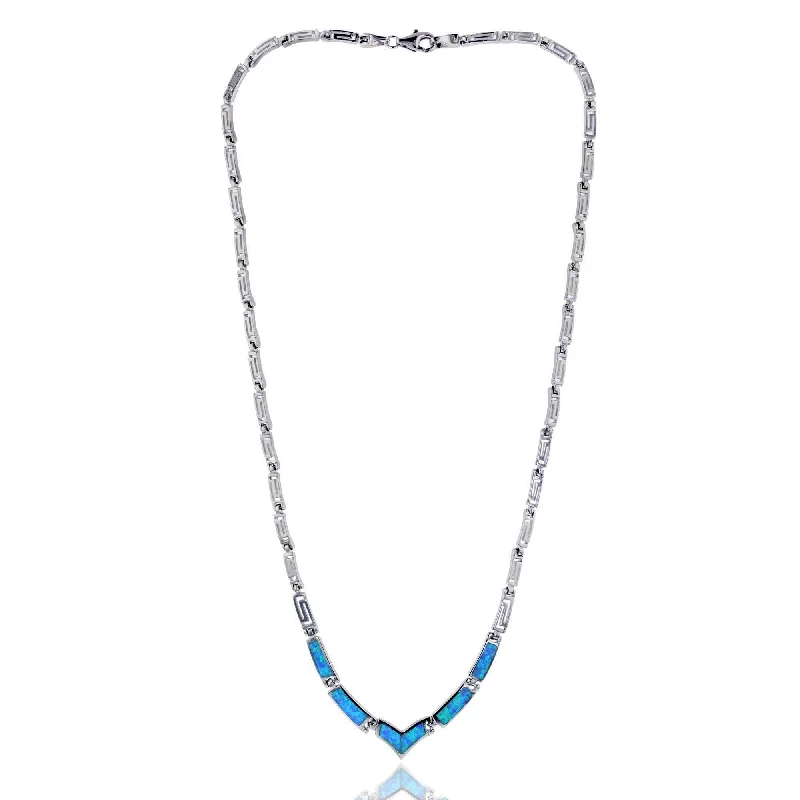 Personalized Name Necklace for Special Gifts-Blue Opal V Shaped Necklace (Silver)