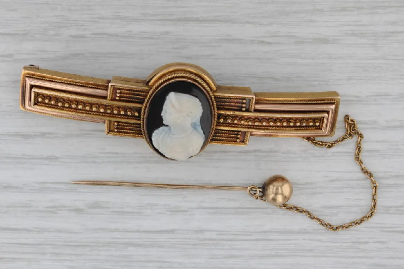 Stylish Gemstone Brooch-1850s Antique Black White Chalcedony Cameo Brooch 14k Yellow Gold Pin Stickpin