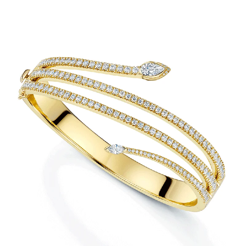 Personalized Silver Bangle with Floral Design-18ct Yellow Gold Serpente Pear, Marquise & Round Brilliant Cut Diamond Spiral Pave Bangle