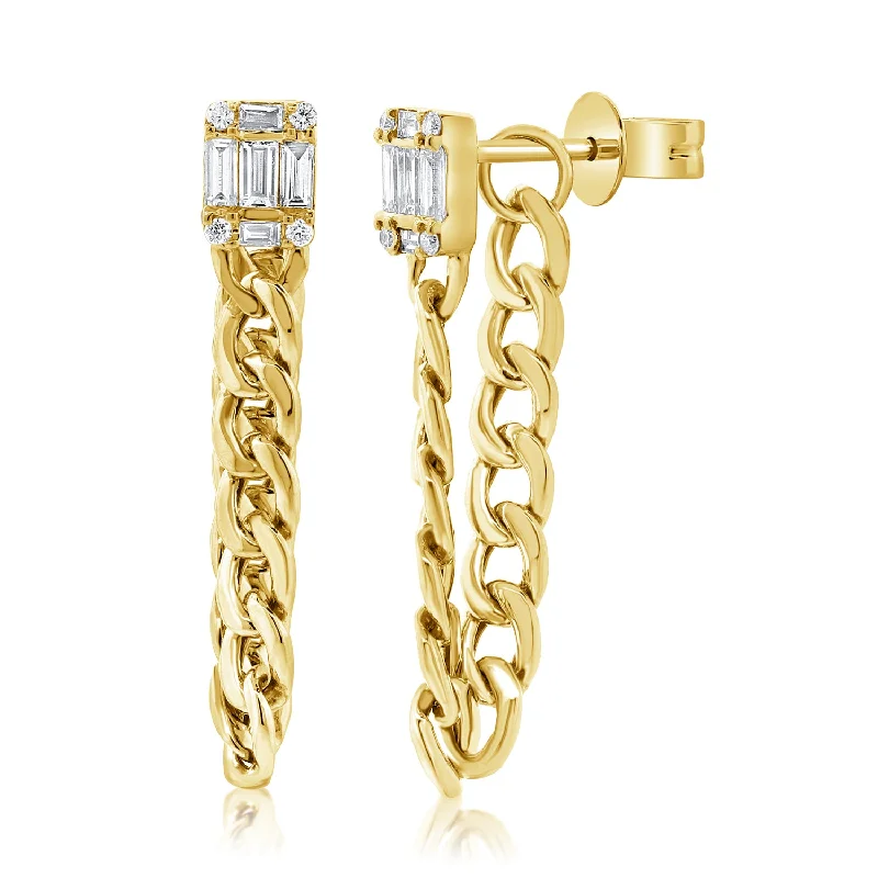 Fashionable Gold Earrings-Diamond Studs With Baguette Cuts and Chain Link Dangle Earring