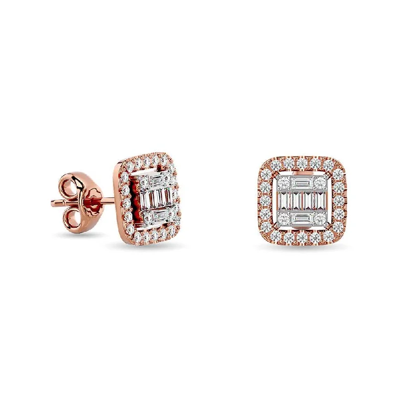 Stud Earrings with Colored Gemstones-Diamond 1/3 Ct.Tw. Round and Baguette Fashion Earrings in 14K Rose Gold