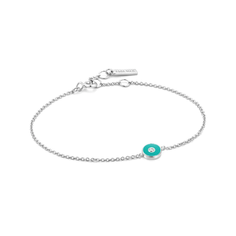 Classic Silver Bracelet with Twisted Link Design-Teal Enamel Disc Bracelet in Silver by Ania Haie