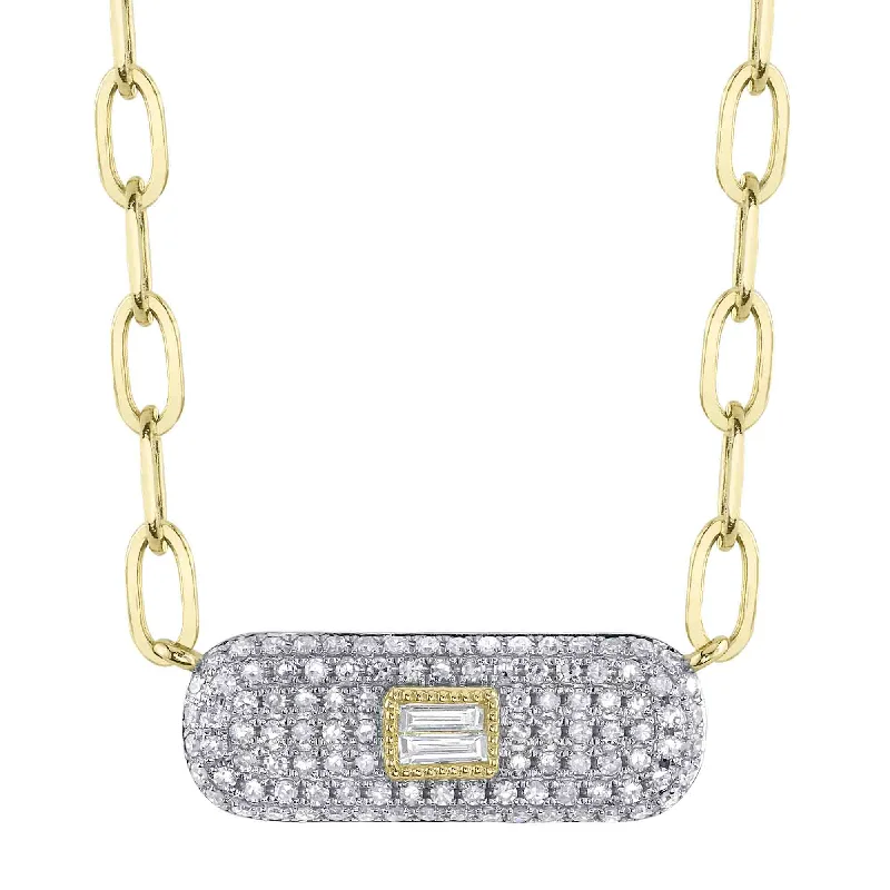 Fine Silver Necklace for Special Events-14kt. White gold & yellow gold Diamond pave and diamond Baguette Necklace on a paper clip link chain / 0.61ct TW Diamond Pave