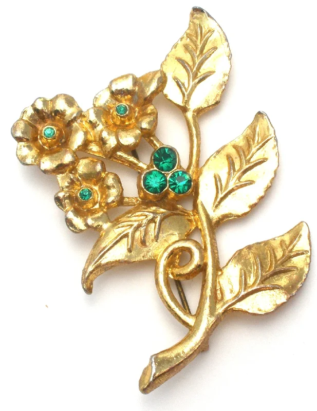 Brooch With Gold Trim-Vintage Flower Brooch with Green Rhinestones