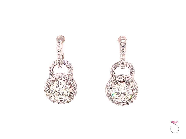 Statement Earrings for Brides-Diamond Halo Drop Dangling Earrings, 2.00 Carat Diamond Earrings 18K White Gold