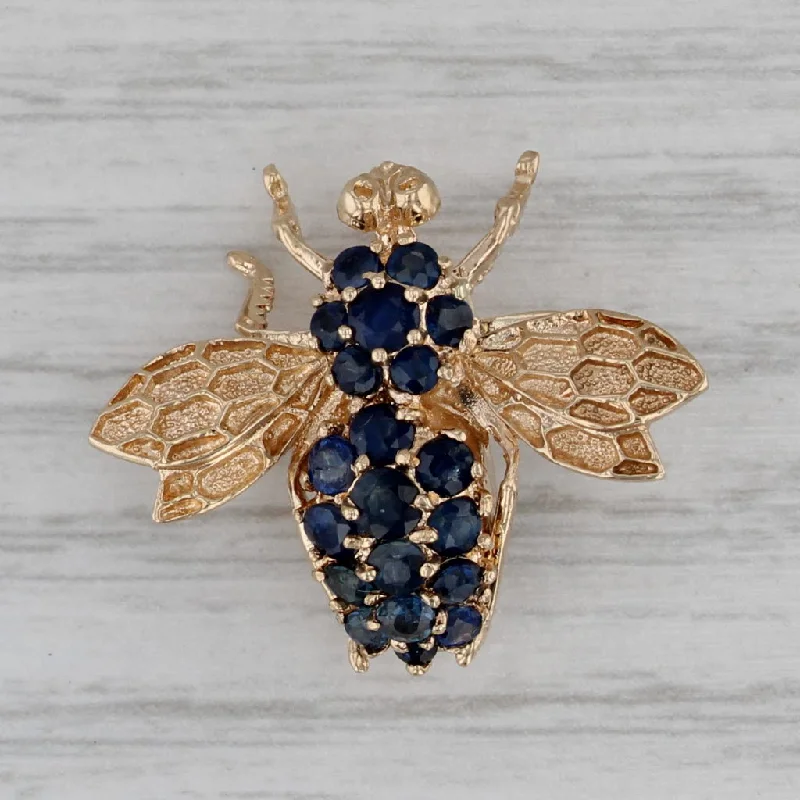 Brooch With Embellished Crystals-1.25ctw Blue Sapphire Bumble Bee Pin 14k Yellow Gold Brooch