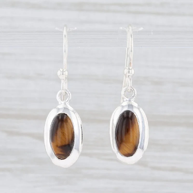 Diamond Drop Earrings for Women-New Brown Tiger's Eye Earrings Sterling Silver Hook Pierced Oval Solitaire Drop