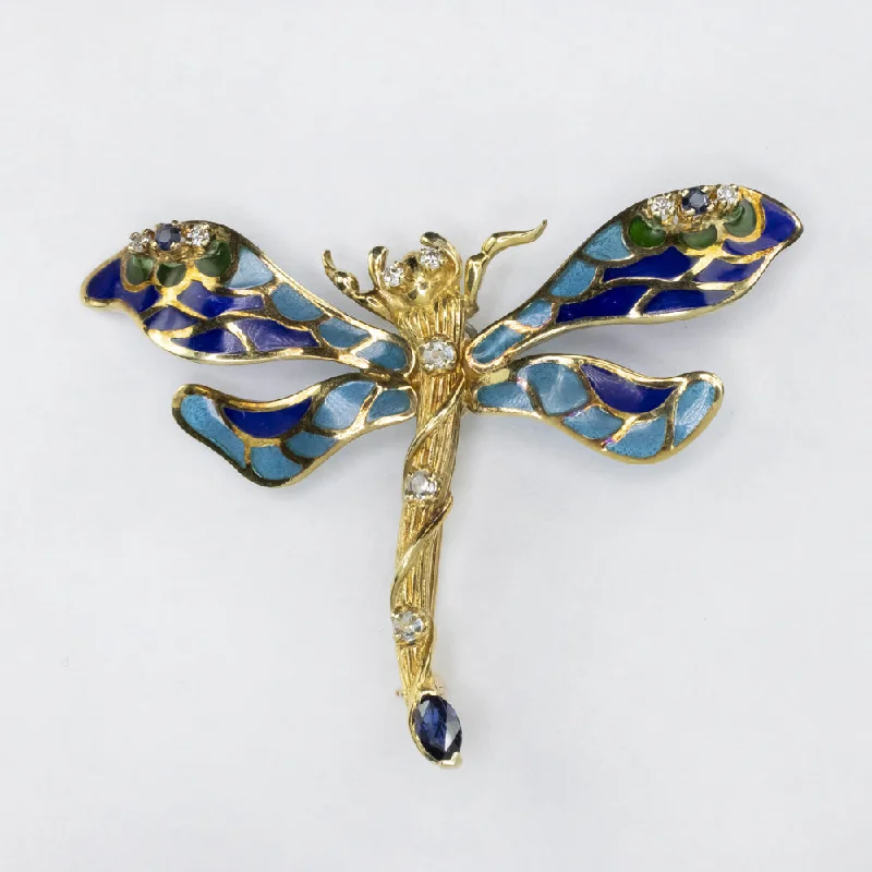 Colorful Brooch With Rhinestones-VINTAGE DIAMOND SAPPHIRE ENAMEL DRAGONFLY PIN 14k YELLOW GOLD BROOCH PENDANT