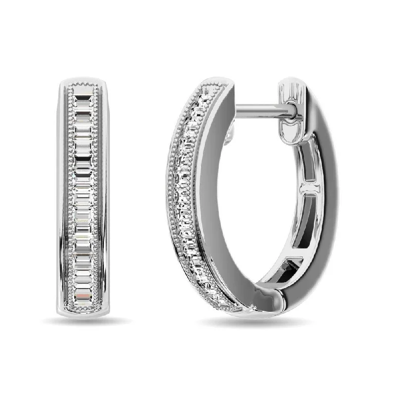 Simple Hoop Earrings for Women-Diamond 1/6 Ct.Tw. Baguette Hoop Earrings in 10K White Gold