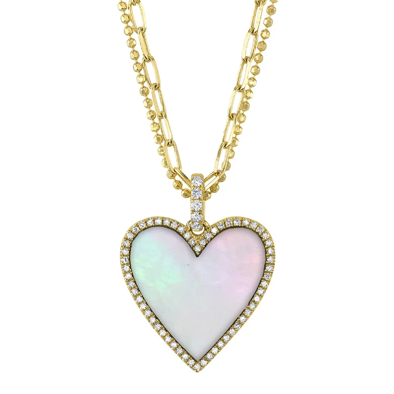 Bohemian Stone Necklace with Silver Details-14kt Yellow Gold Heart Necklace / 0.21ct TW Diamond Pave & 2.41ct MOP Heart on a Paperclip link Faceted Ball Double Chain Necklace