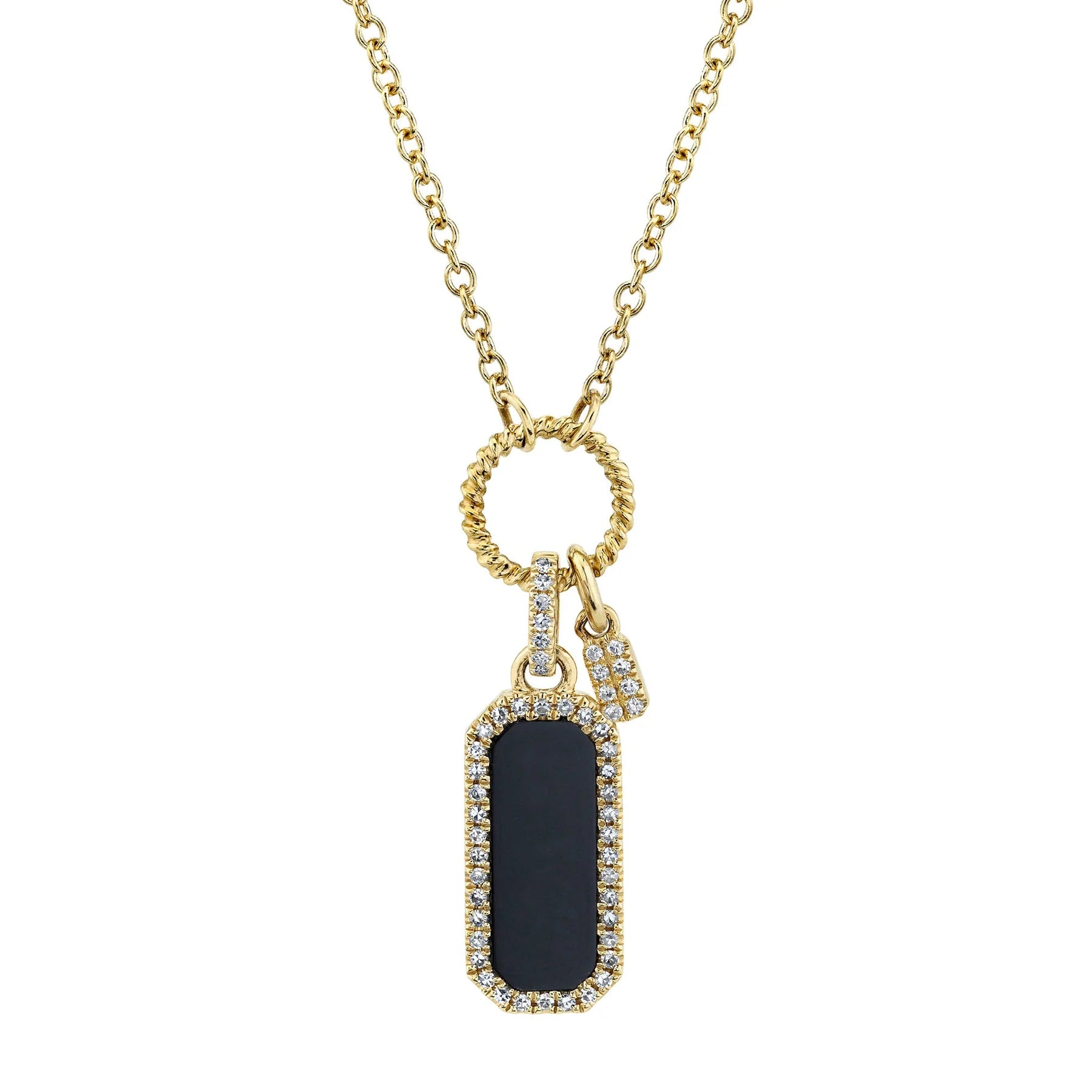 Simple Necklace with Heart-Shaped Pendant-Yellow Gold Black Onyx Diamond Dog Tag Necklace