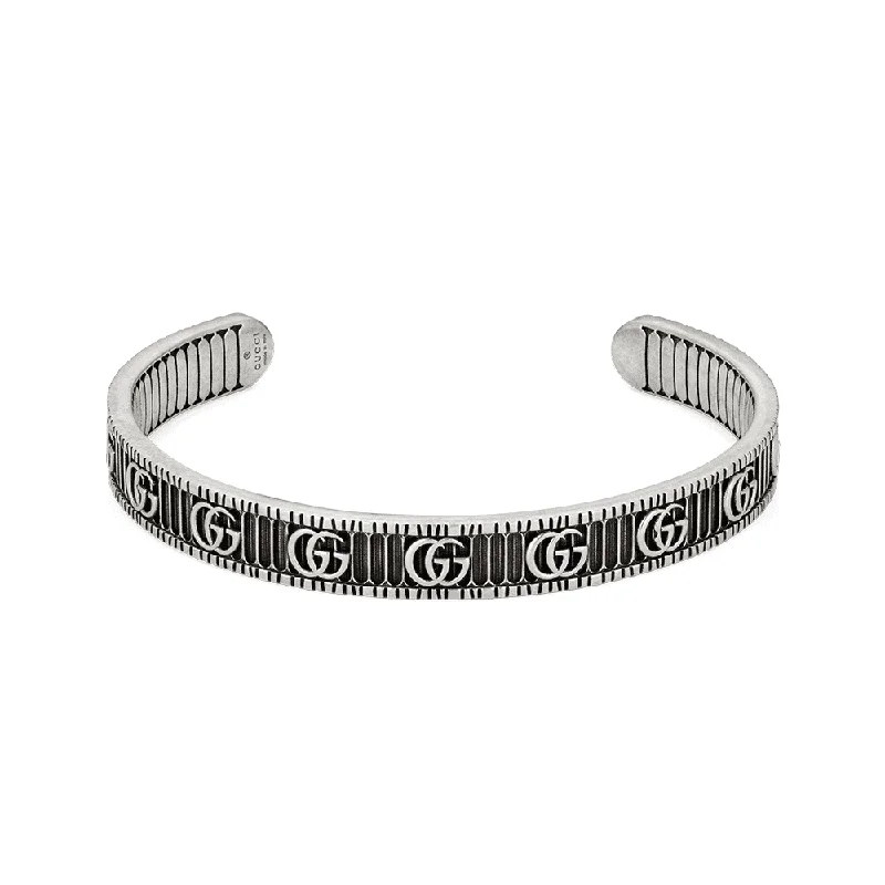 Trendy Gold Bangle Set with Gemstones-GG Marmont Aged Sterling Silver Double G Motif Bangle