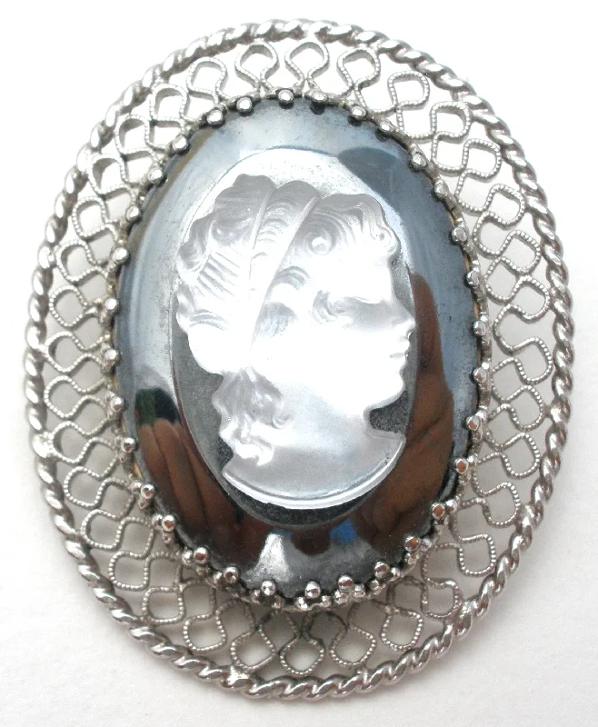 Heart Shaped Brooch-Vintage Raised Glass Cameo Hematite Brooch Pin