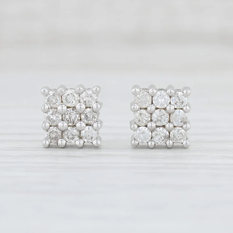 Colorful Gemstone Earrings for Parties-1.04ctw Square Diamond Cluster Earrings 14k White Gold Pierced Studs