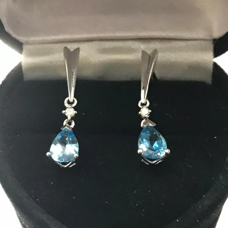 Classic Pearl Earrings-10 Karat Solid White Gold Pear Shaped Blue Topaz & Diamond Dangling Earrings