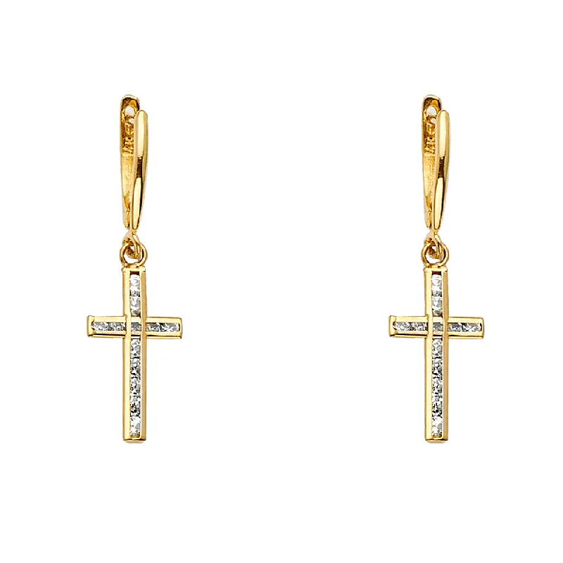 Gold Leaf Earrings for Weddings-14KY Cross CZ Hanging Earrings