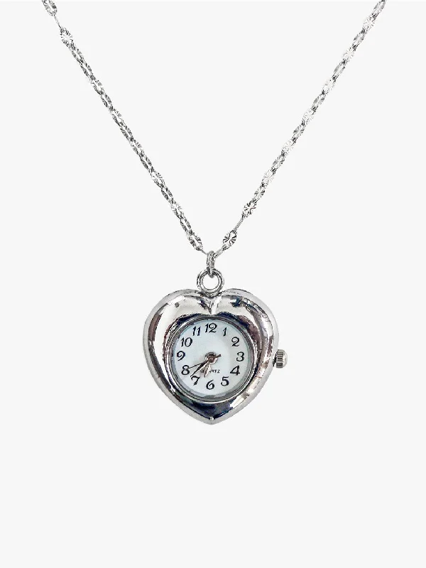 Simple Necklace with Heart-Shaped Pendant-5 Min Away Watch Necklace - Silver