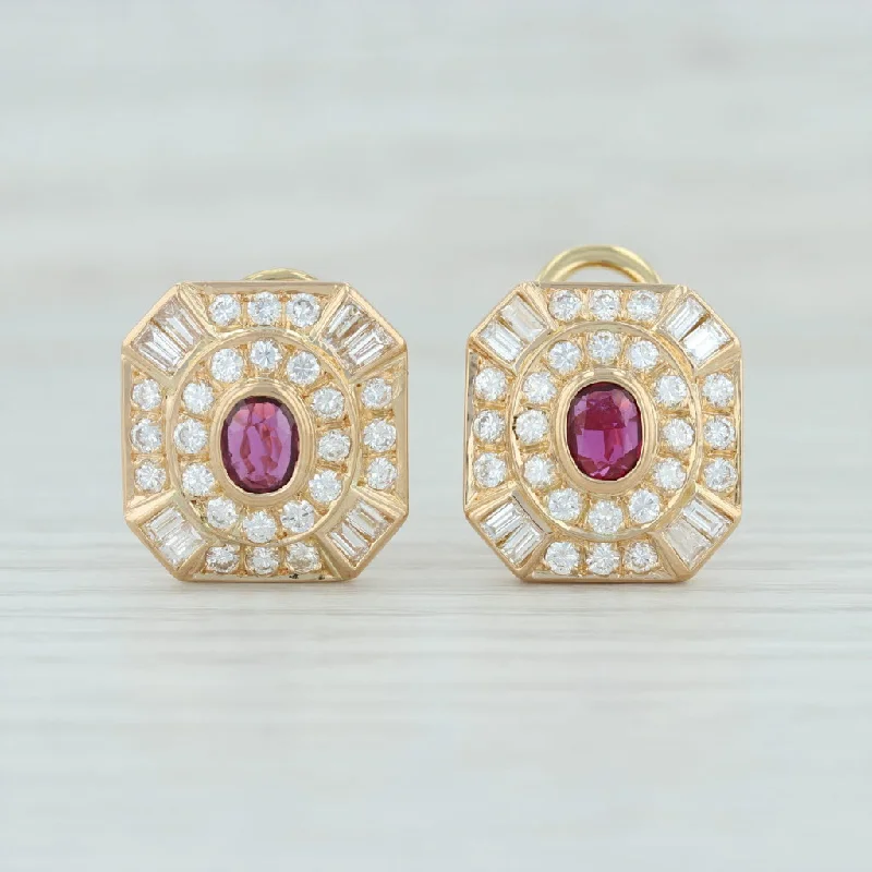 Pearl Drop Earrings for Brides-2.30ctw Ruby Diamond Halo Earrings 14k Yellow Gold Pierced Omega Backs