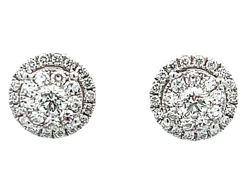 Crystal Earrings for Bridesmaids-Double Diamond Halo Stud Earrings in 18k White Gold