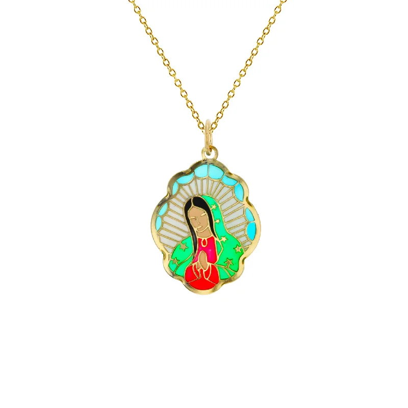 Simple Diamond Necklace for Special Occasions-Colorful-Enameled Praying Virgin Mary Fancy Necklace (14K)