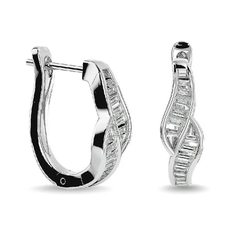 Sterling Silver Earrings for Men-Diamond 1/3 Ct.Tw. Straight Baguette Hoop Earrings in 14K White Gold