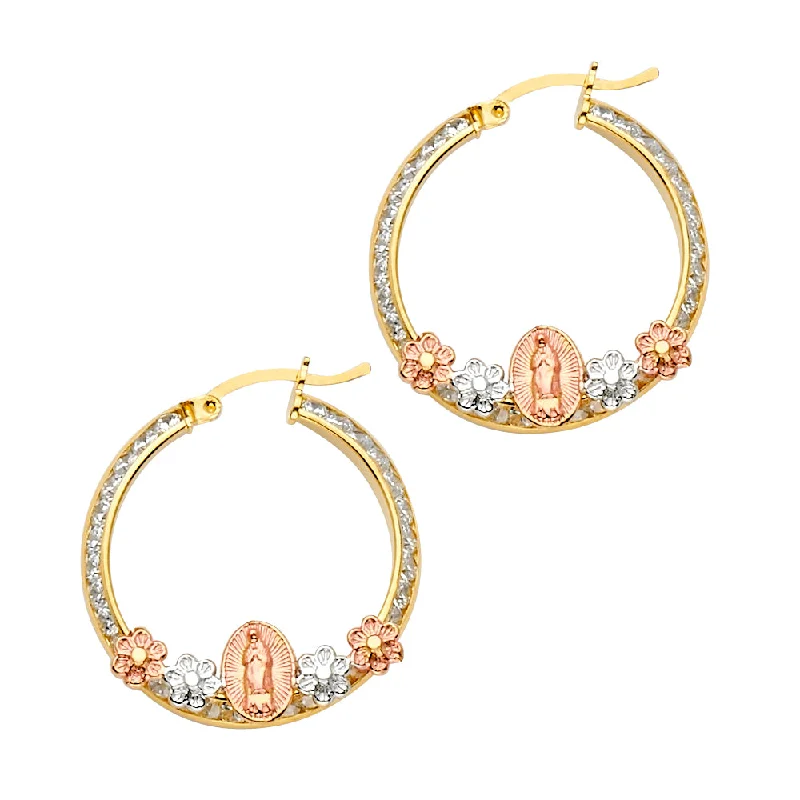 Simple Hoop Earrings for Everyday-14K Our Lady of Guadalupe Tri-Color Hoop Earrings