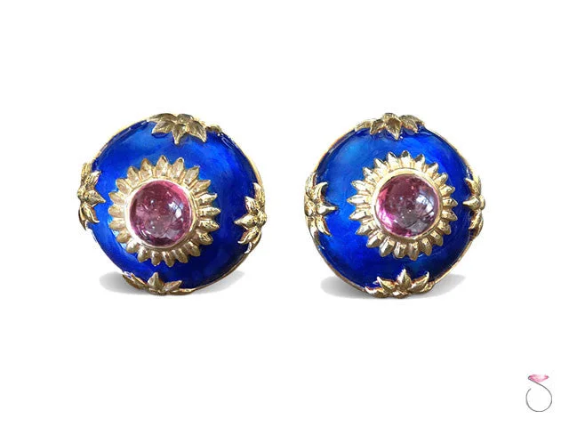 Simple Gold Drop Earrings-Estate 4ct Pink Tourmaline Enamel Dome Earrings in 14K