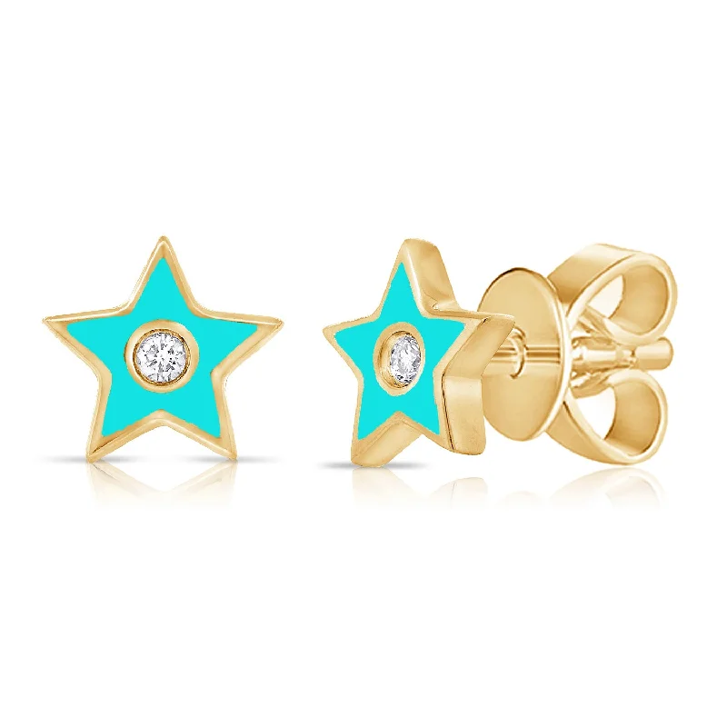 Unique Handcrafted Earrings-Turquoise Enamel Diamond Star Stud Earrings in 14K Gold