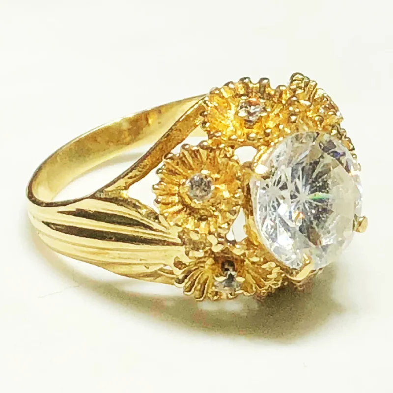 Simple Gold Band Ring for Women-Floral Cocktail Ring CZ (14K)