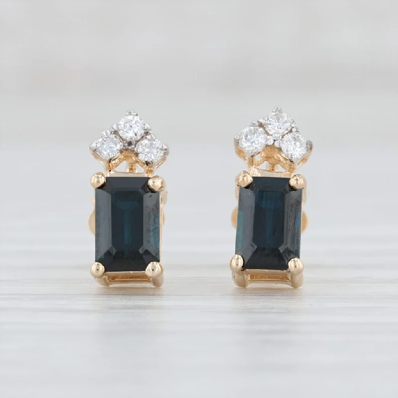 Floral Drop Earrings-1.60ctw Diamond Blue Sapphire Stud Earrings 14k Yellow Gold Pierced