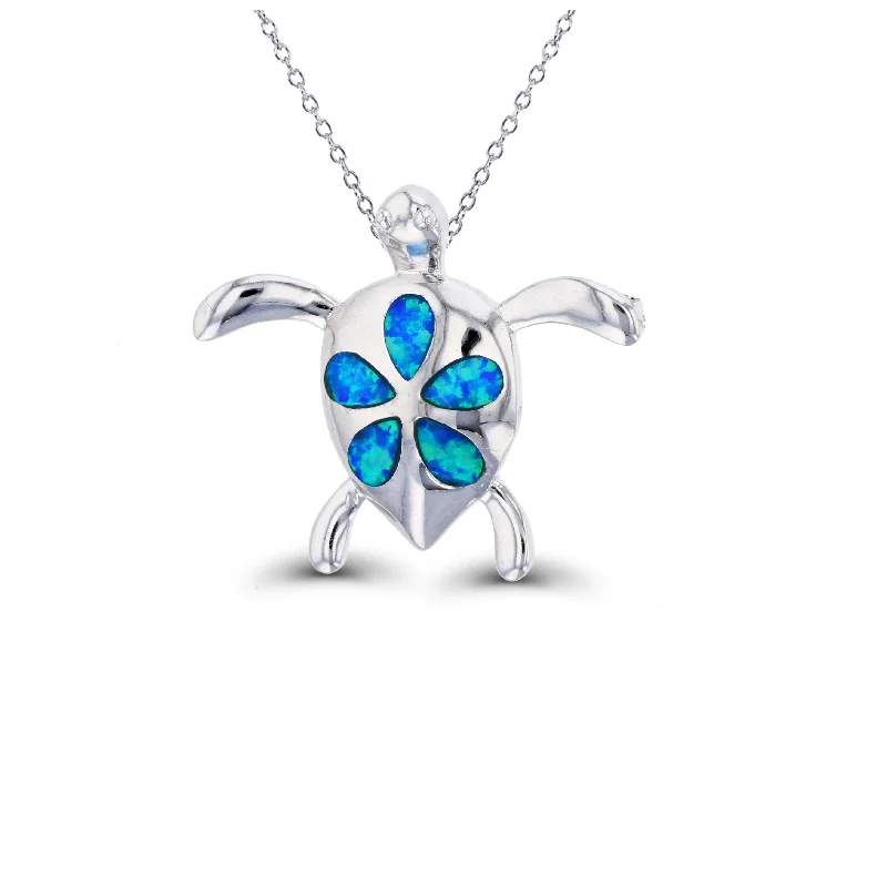 Gold and Diamond Necklace for Special Events-Blue Opal Turtle Necklace (Silver)