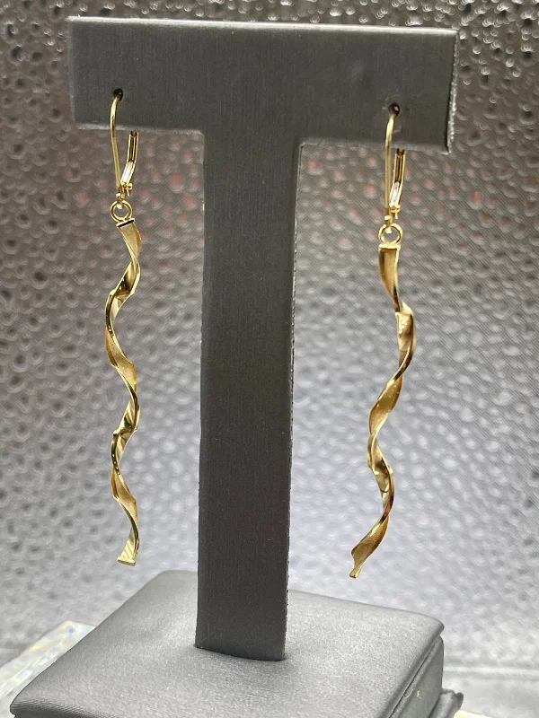 Fancy Long Earrings-Ladies Imported 14 Karat Solid Yellow Gold Twisted Dangling Earrings