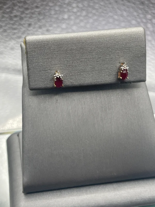 Gold Crystal Earrings-Ladies 10 Karat Solid Yellow Gold Ruby and Diamond Earrings