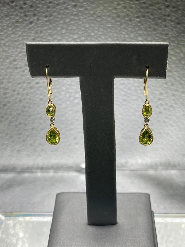 Statement Earrings for Brides-14 Karat Yellow Gold Peridot and Diamond Earrings