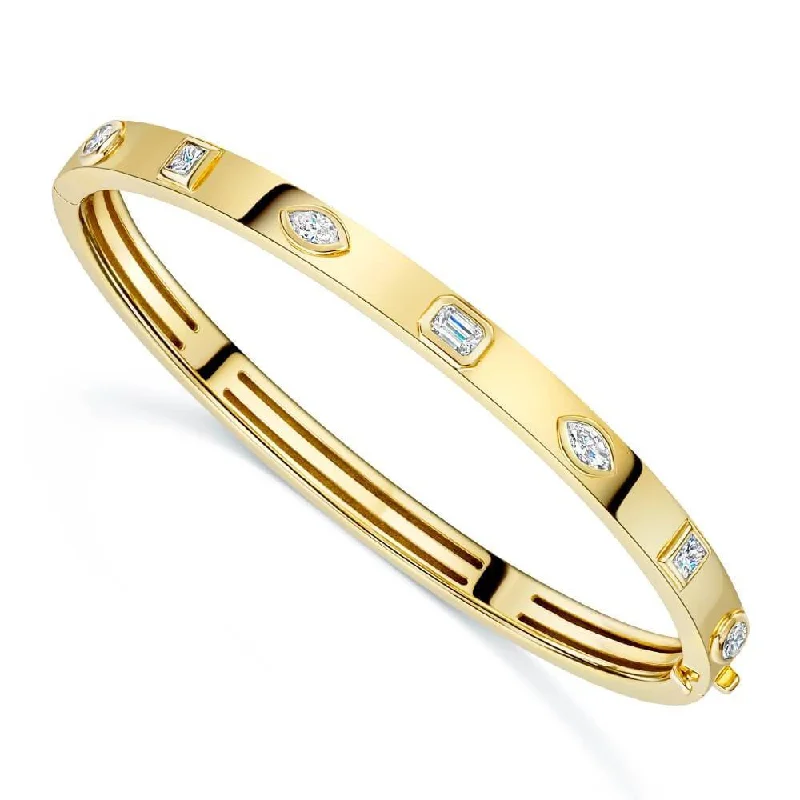 Simple Stackable Bangles with Birthstones-18ct Yellow Gold Seven Stone Fancy Cut Diamond Rubover Set Bangle