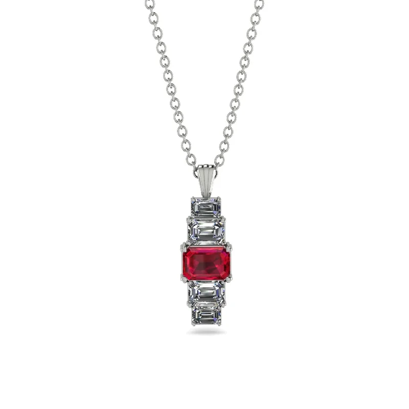 Simple Silver Pendant Necklace for Women-Emerald Cut Ruby Stairs Necklace - Briella No. 12