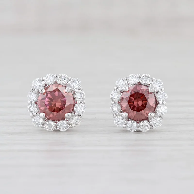 Geometric Diamond Earrings-New 2.80ctw Raspberry Pink White Diamond Halo Stud Earrings 14k White Gold