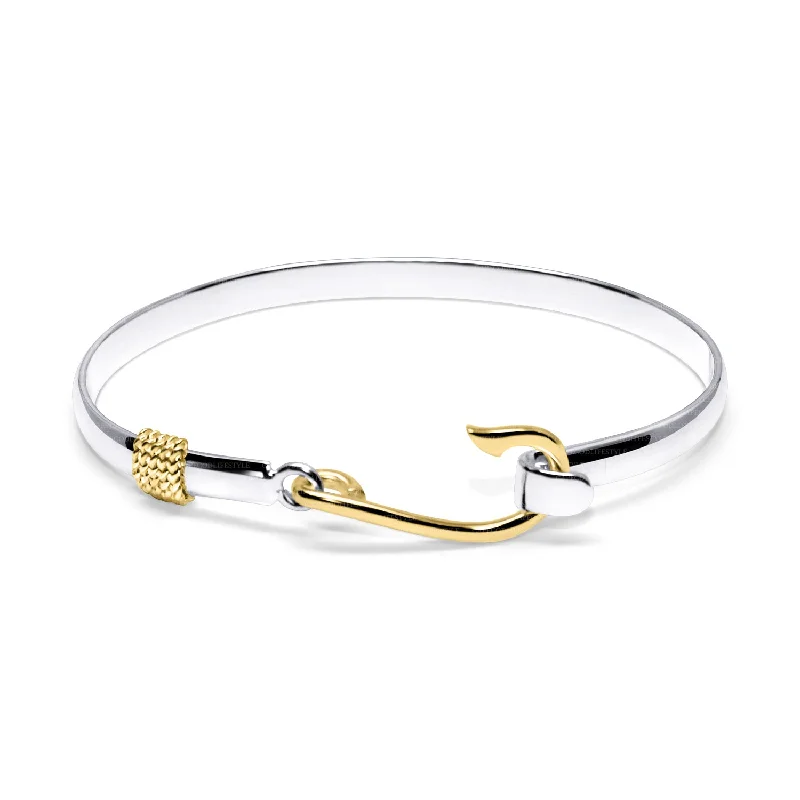 Elegant Silver Bracelet with Simple Chain Links-Fish Hook Bracelet in Sterling Silver with Yellow Gold