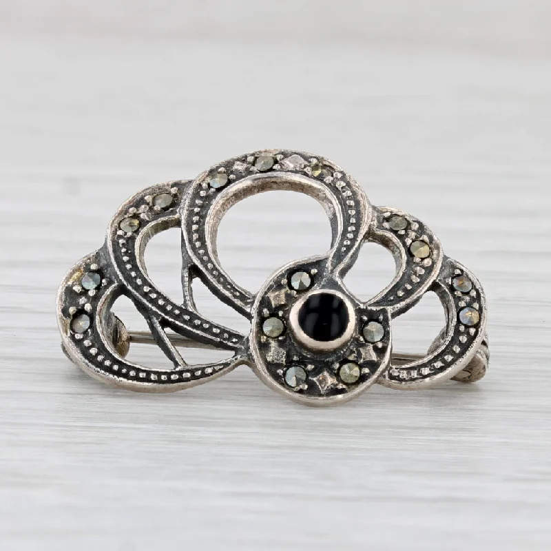 Cute Gemstone Brooch-Black Glass Marcasite Brooch Sterling Silver Vintage Pin