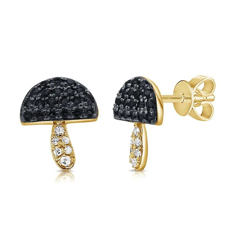 Stud Earrings with Colored Gemstones-Unique Mushroom Stud Earrings with Black & White Diamonds