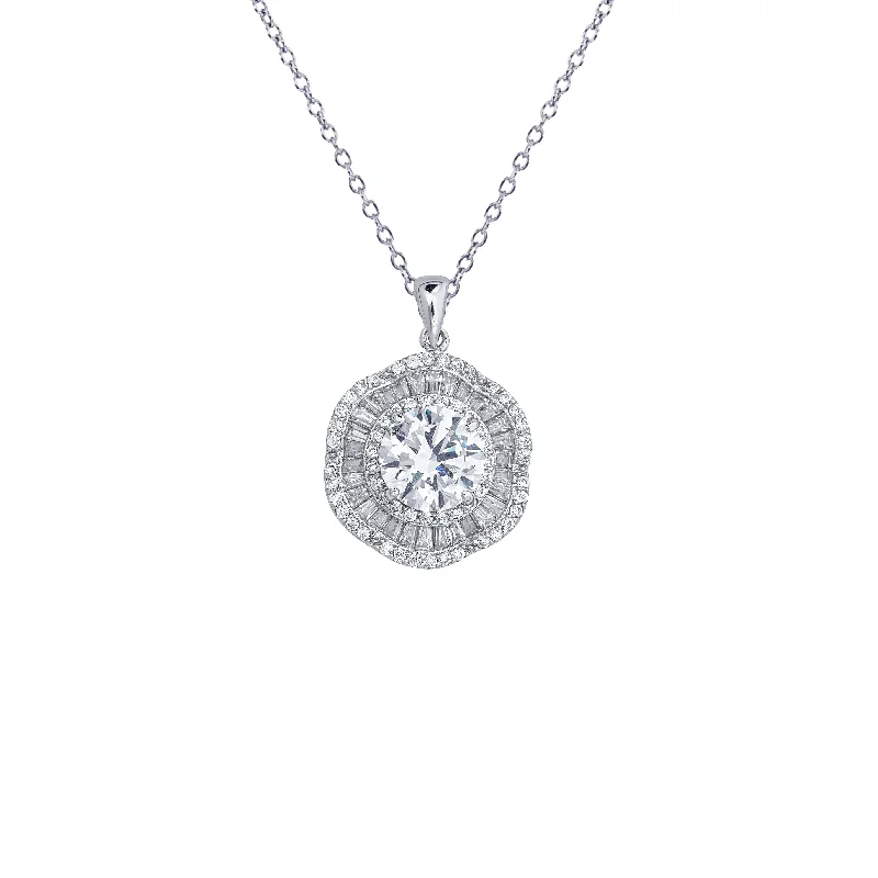 Custom Diamond Pendant Necklace for Brides-Baguette Cz Flower Necklace (Silver)