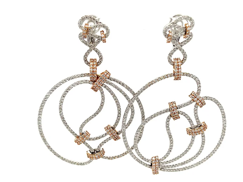 Fine Gold Earrings-6.74 Carat Large Diamond Earrings in 18k White Gold With Rose Gold Accents