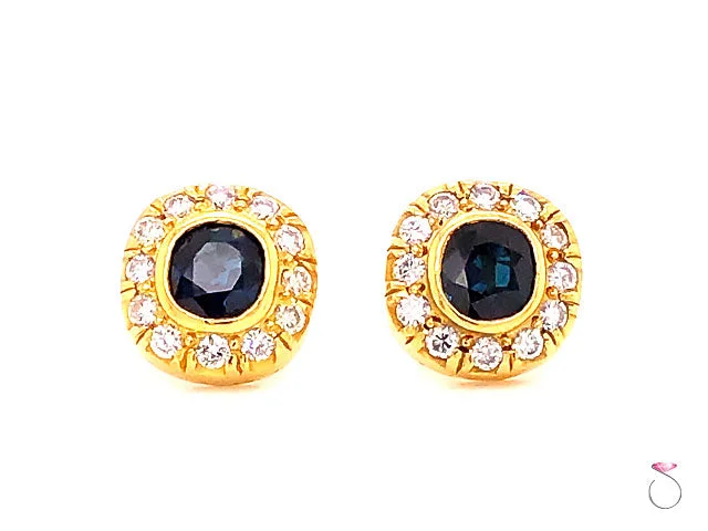 Elegant Cuff Earrings for Women-Vintage Blue Sapphire & Diamond Cushion Halo Stud Earrings