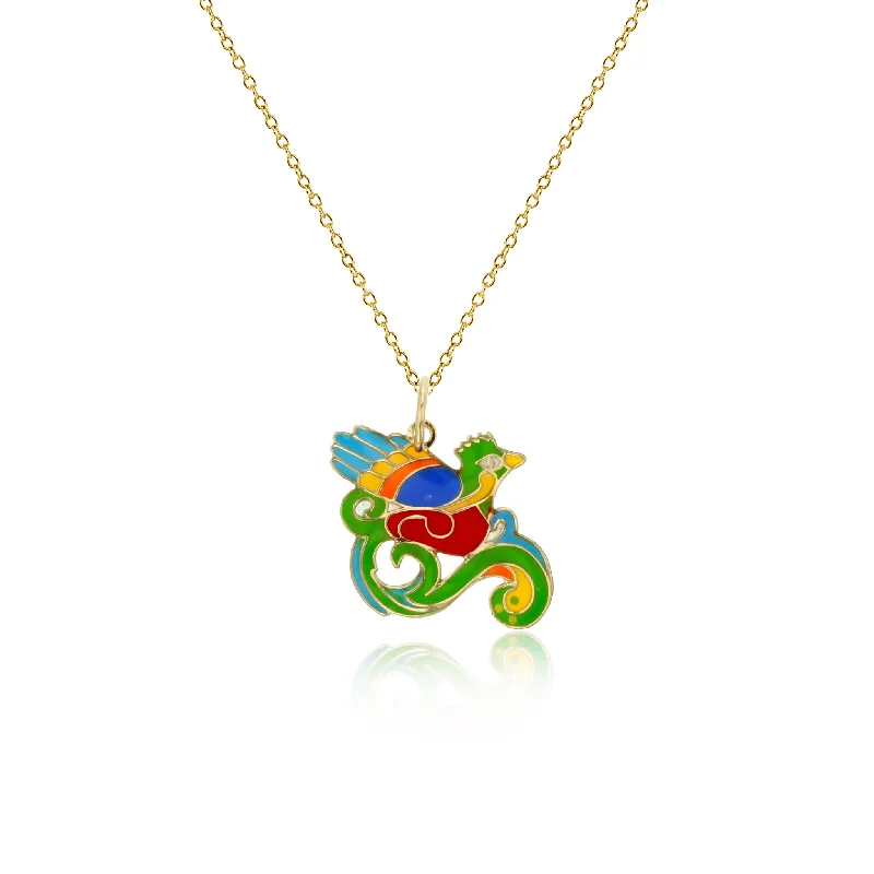 Simple Silver Pendant Necklace for Women-Colorful-Enameled Bird Fancy Necklace (14K)