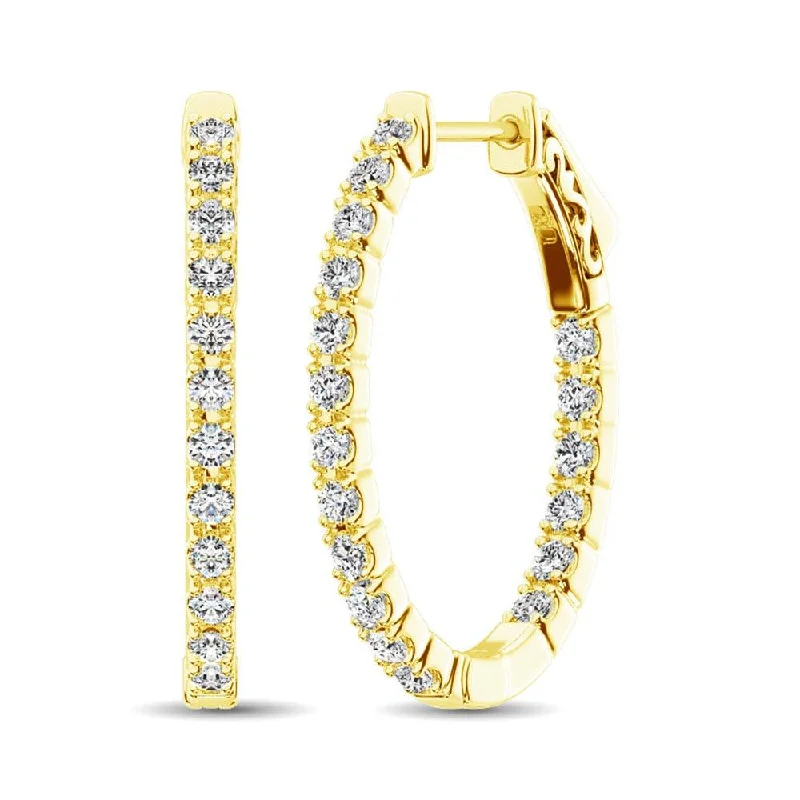 Simple Hoop Earrings for Teens-14K Yellow Gold Diamond In and Out Hoop Earrings