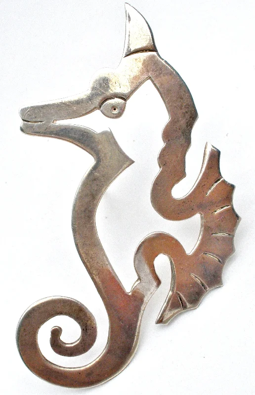 Brooch For Summer Dresses-Taxco Seahorse Pendant Brooch Pin Sterling Silver