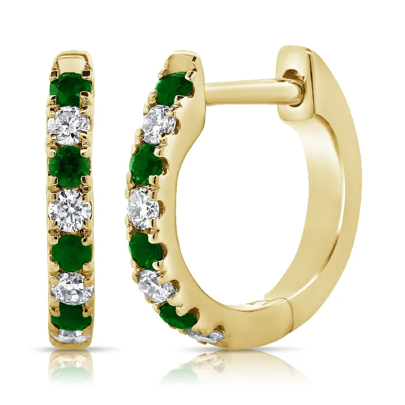 Small Drop Earrings for Work-14K Gold Emerald Huggie with Diamonds