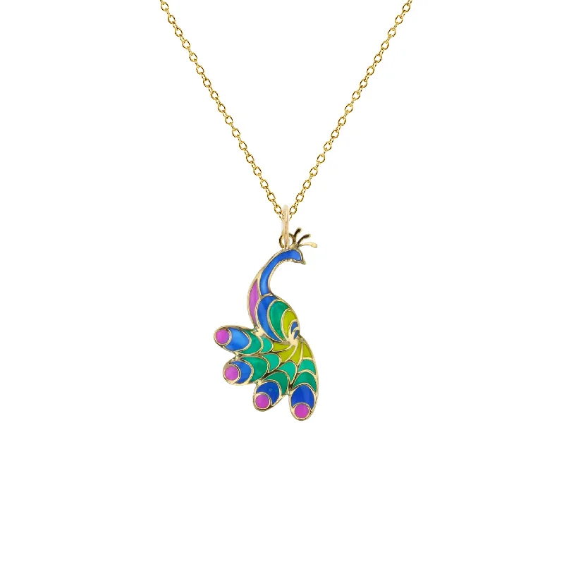 Dainty Gold Necklace with Small Pendant-Colorful-Enameled Peacock Fancy Necklace (14K)