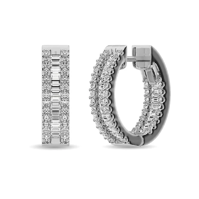 Bohemian Style Earrings-Diamond Round and Baguette Hoop Earrings in 14K White Gold