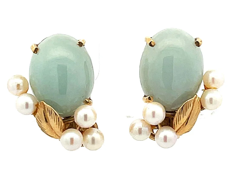 Fashionable Chandelier Earrings-Mings Cabochon Jade and Pearl Clip on Earrings in 14k Yellow Gold